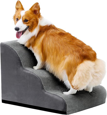 Makigued Dog Stairs for Small Dogs and Cats, 16" H 3 Steps Pet Steps Ramp for High Bed, Couch, Sofa, Waterproof Pet Stairs with Removable Washable Cover, Non-Slip Bottom, Dark Gray