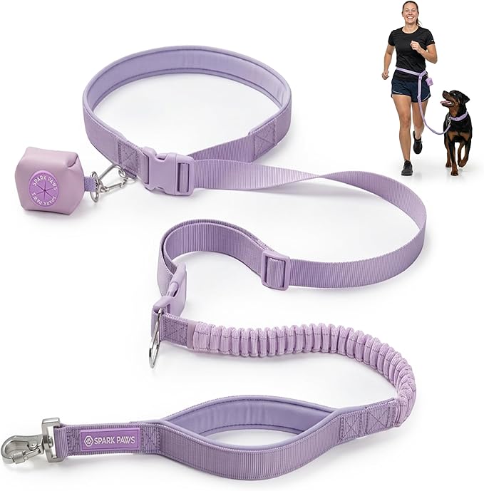 Spark Paws Handsfree Dog Leash – Shock Absorbing Waist Bungee Lead for Running, Car Seatbelt Clip & Poop Bag Set, Heavy Duty Tactical Lead for Medium, Large & X-Large Breeds - Lilac