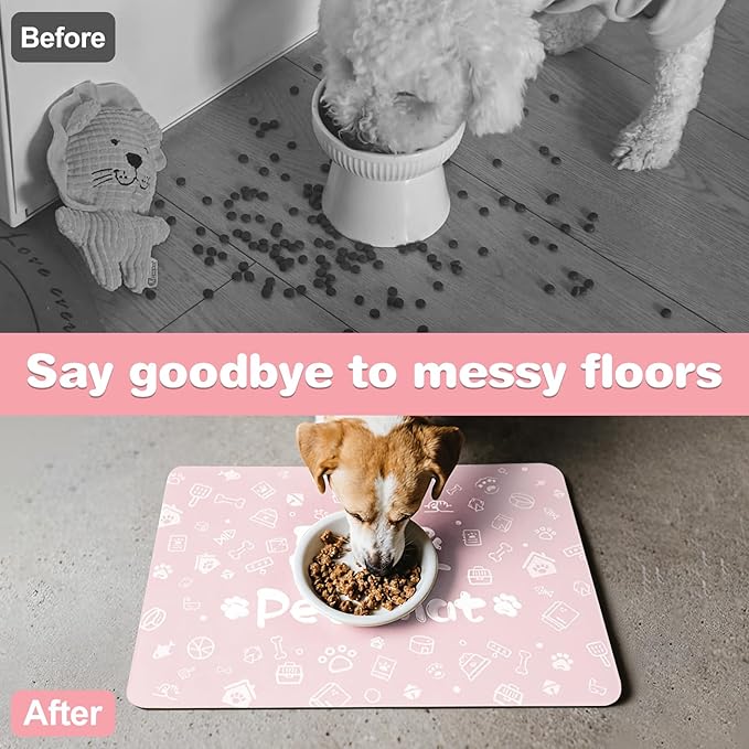 Pet Feeding Mat,Dog Cat Mat for Food and Water,Dog Bowl Waterproof Placemat with Rubber Backing,Absorbent Quick Dry Water Dispenser Mat for Pet（Pink 12"×18"）