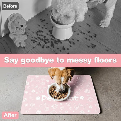 Pet Feeding Mat,Dog Cat Mat for Food and Water,Dog Bowl Waterproof Placemat with Rubber Backing,Absorbent Quick Dry Water Dispenser Mat for Pet（Pink 12"×18"）