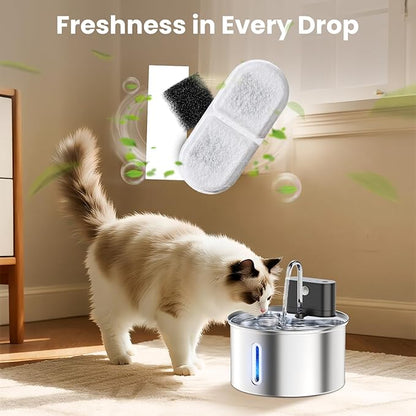 Cat Water Fountain Filter Replacement,18 Pcs(6 Carbon+ 6 Sponge+ 6 Cotton) for Pets Automatic Water Dispenser for Dogs, Compatible with 2.2L/3L/3.2L/3.5L/12L Stainless Steel Cat Fountains