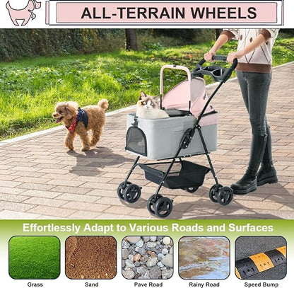 3-in-1 Pet Stroller for Small Dogs and Cats, Folding Lightweight Dog Stroller with Detachable Carrier Portable Cat Puppy Jogging Stroller with Cup Holder and Storage Basket, 4 Wheels