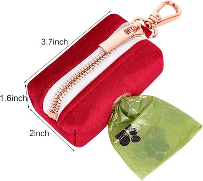 ARING PET Dog Waste Bag Dispenser, Soft Doggy Poop Bags Holders Attach to Any Leashes, Velvet Portable Washable Red Pet Waste Pouch Dispenser with Metal Zipper