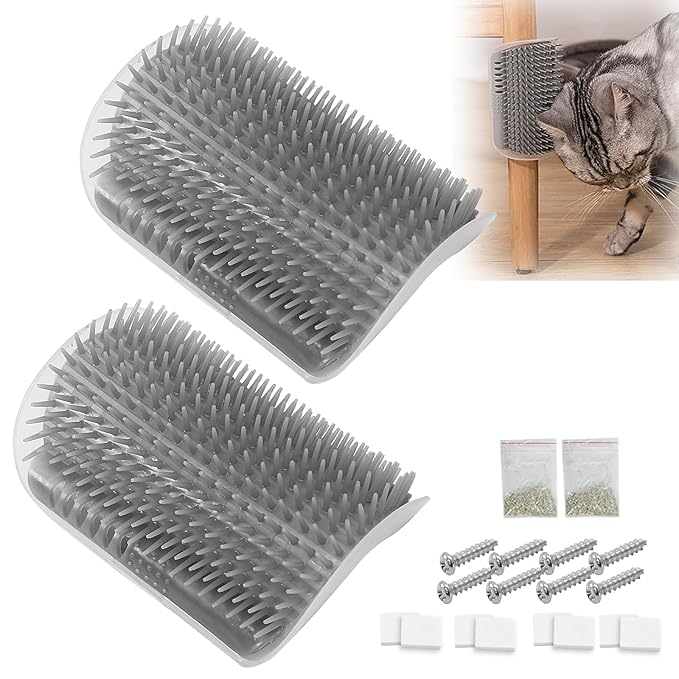 2 Pack Cat Self Groomer with Catnip Pouch Grey Cat Grooming Massage Brush Soft Cat Brush Cat Massager for Indoor Cats
