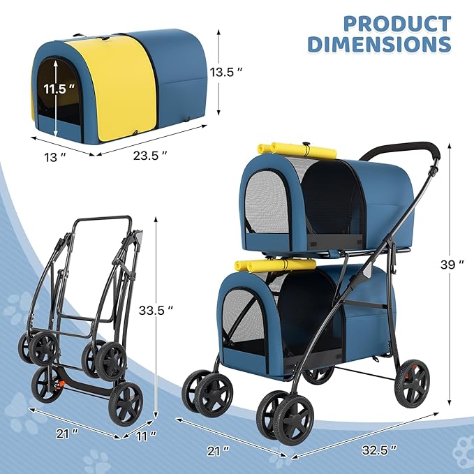Magshion Double Dog Stroller with 2 Detachable Carrier Bags, 4-Wheel Folding Pet Travel Strolling Cart with Storage Pocket for Small-Medium Dogs & Cats Puppy, Navy Blue/Yellow