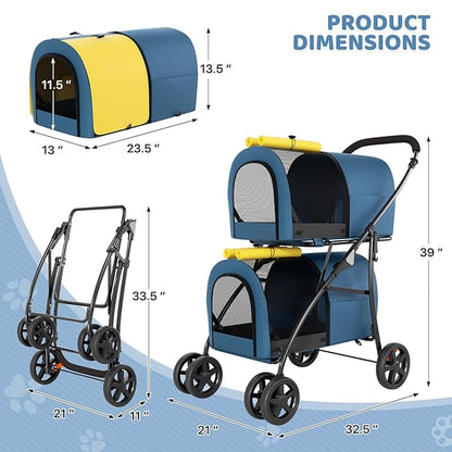 Magshion Double Dog Stroller with 2 Detachable Carrier Bags, 4-Wheel Folding Pet Travel Strolling Cart with Storage Pocket for Small-Medium Dogs & Cats Puppy, Navy Blue/Yellow