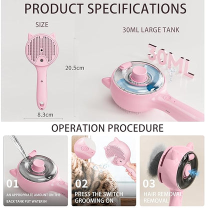 Steam Pet Grooming Brush for Cats & Dogs, Spray Silicone Deshedding Brush Reduces Shedding & Static, One-Click Fur Removal, Rechargeable Cat Dog Grooming Tool, Pink