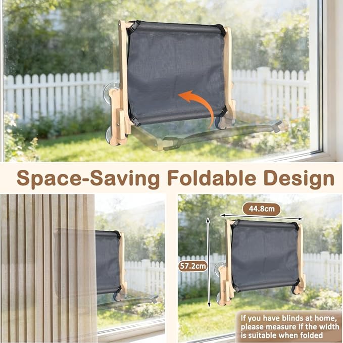 SZEE Cat Window Perch with Breathable Mesh for Airflow, Foldable Cat Window Hammock Bed with Wooden Frame, Equipped with Dual-Sided Mat for All-Season Use, Strong Suction Cups & Solid Thicken Frame