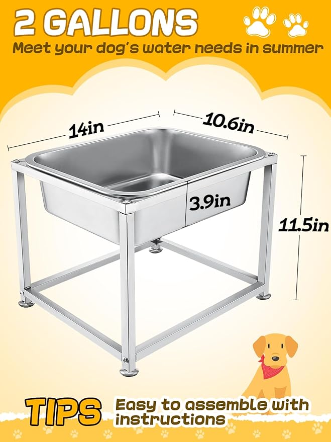 2 Gallons Large Elevated Dog Water Bowl - 11.5''H Durable Stainless Steel Raised Dog Bowl with Stand for Large Dogs, Easy to Clean and Assemble for Indoor Outdoor