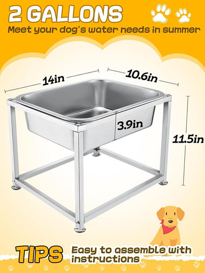2 Gallons Large Elevated Dog Water Bowl - 11.5''H Durable Stainless Steel Raised Dog Bowl with Stand for Large Dogs, Easy to Clean and Assemble for Indoor Outdoor