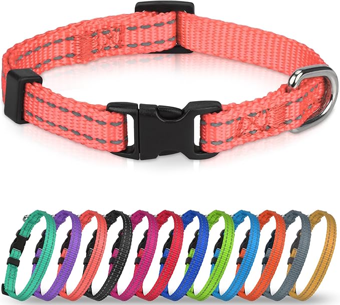 Joytale Puppy Collar, Feather-Light Double-Sided Reflective Nylon Collar for Night Safety, Adjustable Quick-Release for Extra Small Dogs, Pink, XS (3/8" Width)