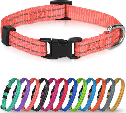 Joytale Puppy Collar, Feather-Light Double-Sided Reflective Nylon Collar for Night Safety, Adjustable Quick-Release for Extra Small Dogs, Pink, XS (3/8" Width)