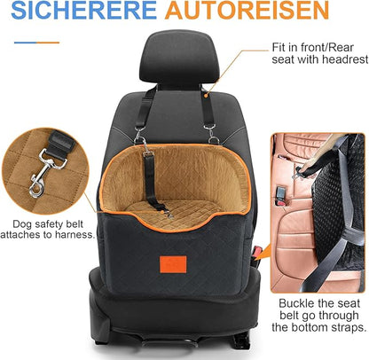 XIEEAOZEE Dog Car Seat for Small Dogs, Memory Foam Booster Dog Seat for Dogs up to 35 lbs, Elevated Pet Car Seat with Washable Removable Cover, Storage Pockets