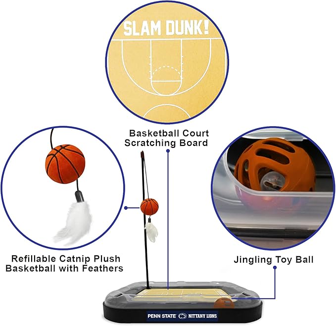 Cat Scratch Toy NCAA PENN State Nittany Lions REVERSIBLE Basketball Court Felt/Cardboard Cat Scratcher Toy Interactive Cat Ball Bell Tracks. 6-in-1 CAT TOY Cat Wand Poll CATNIP-FILLED Plush Basketball
