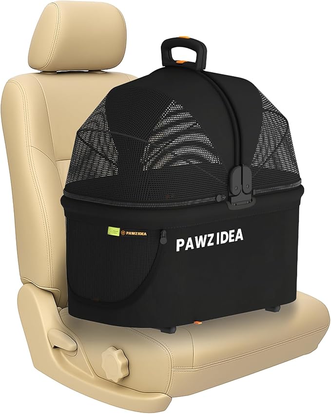PAWZIDEA Portable Small Dog Crate for Car Travel up 33lbs, Enclosed Dog Car Seat Soft-Sided, Escape-Proof Reversible No-Zip Canopy, Foldable Pet Carrier Seatbelt for Small Medium Puppies & Cats Kennel