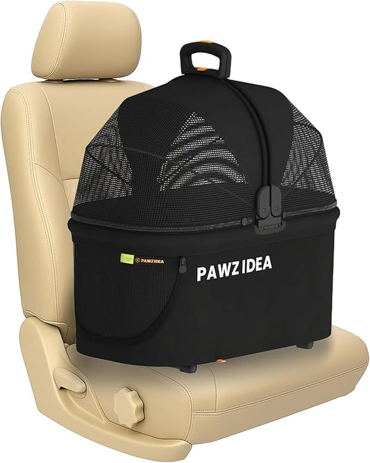 PAWZIDEA Portable Small Dog Crate for Car Travel up 33lbs, Enclosed Dog Car Seat Soft-Sided, Escape-Proof Reversible No-Zip Canopy, Foldable Pet Carrier Seatbelt for Small Medium Puppies & Cats Kennel