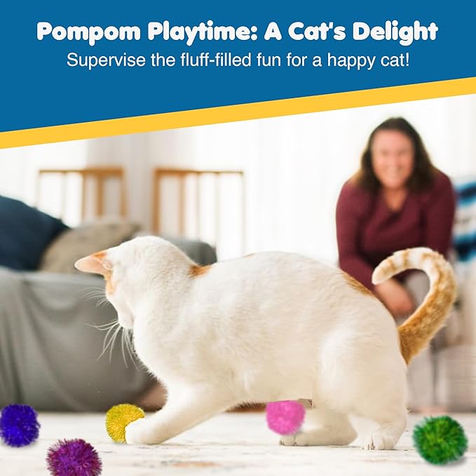 SunGrow Cat Pom Pom Balls, 20 Multi-Colored Shiny Enrichment Tinsel Pom Poms, 1” Tight Woven Yarn, Fuzzy Flash Balls for Indoor Kitten, Assorted Soft Glitter Orbs for Feline's Body and Brain Workout