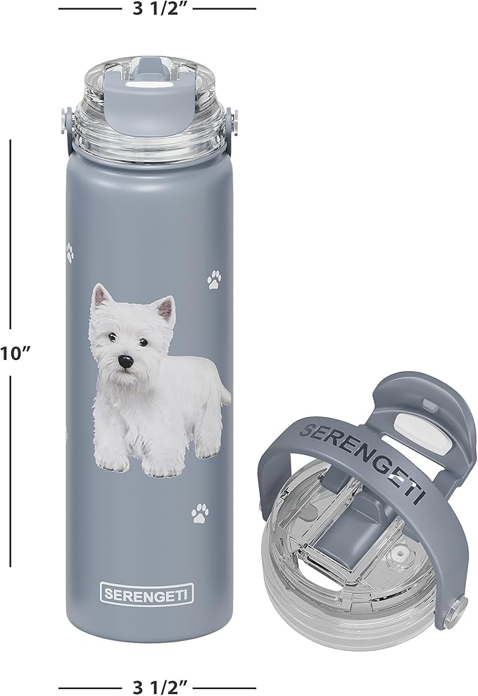 SERENGETI 24 Oz Water Bottle Stainless Steel with Spill Proof Lid - Double walled Vacuum Insulated water flask - Realistic 3D Print of your favorite dog (Westie)