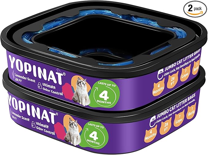Jumbo Square Refill Bags for Cat 2 Pack - Total 56FT Lasts Up to 8 Months - Superior Odor Control for Dog Poop Cat Litter Bags - Pet Waste Refill Bags Fits Pet Genie and Litter Genie Pails