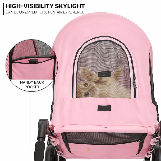 MoNiBloom Pet Stroller for Large Dogs or Multiple Dogs Cats with Adjustable Handle, 3-Wheels Dual Entry Portable Dog Carting Easy Folding Pet Wagon Double Dog Stroller up to 55 lbs, Pink