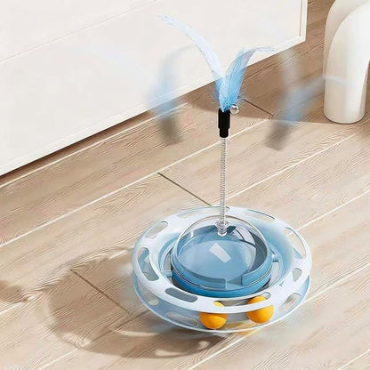 Cat Toy for Indoor Cats, 4-in-1 Interactive Pet Plaything, Blue Cat Ball Track with Treat Dispenser, Feather Teaser, Self-Play Tumbler Toy
