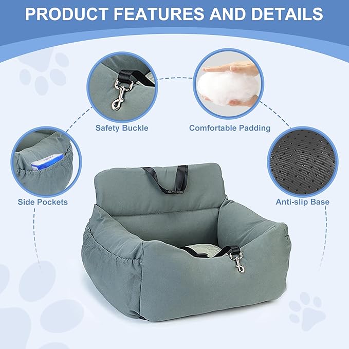 Dog Car Seat for Small Dogs, Pet Booster Seat with Clip-On Safety Leash and Storage Pockets, Washable Travel Dog Car Bed for Puppy (Gray Green)