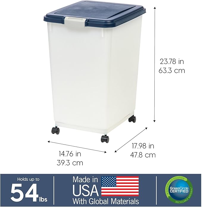 IRIS USA Dog Food Storage Container, Up to 54 Pounds, Attachable Wheels, For Dog Cat Bird and Other Pet Food Storage Bin, Keep Fresh, Easy Mobility - Made in USA, Navy