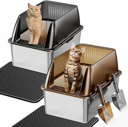 Tripamin 15” XL Stainless Steel Cat Litter Box Enclosure, XXL Stainless Steel High Sides with Lid, Extra Large Metal Cat Litter Box (Transluce+Black, 2-pcs XX-Large)