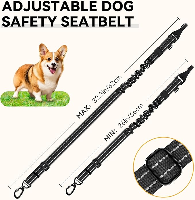 Pawaboo 2Pack Dog Seatbelt for Car,3-in-1 Dog Car Seat Belt Bungee,Shockproof Dogs Tether for Cars with Buckle&Hook Latch, Adjustable Reflective Dogs Cars Harness Leash with 360° Lockable Buckle,Black
