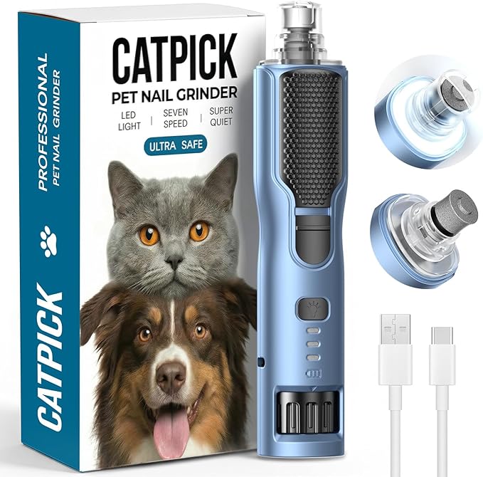 7-Speed Dog & Cat Nail Grinder with Light - Ring LED Safe to Avoid Overcut, Quiet Low Vibration & Powerful Fast, Cordless Rechargeable Toenail Trimmer for Small & Large Puppy & Breeds Paws(Blue)