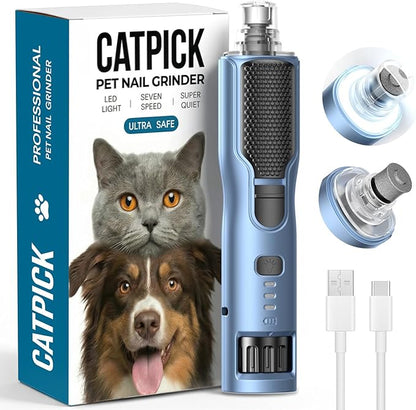 7-Speed Dog & Cat Nail Grinder with Light - Ring LED Safe to Avoid Overcut, Quiet Low Vibration & Powerful Fast, Cordless Rechargeable Toenail Trimmer for Small & Large Puppy & Breeds Paws(Blue)