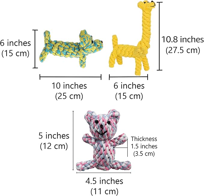 SunGrow Cotton Rope Knot Puppy & Ferret Toys, Tough Teething Chewable Teddy Bear, Giraffe, and Dog, Handwoven for Small Breeds Dog, for Teeth and Gums, Multicolor, 3 Pieces per Pack