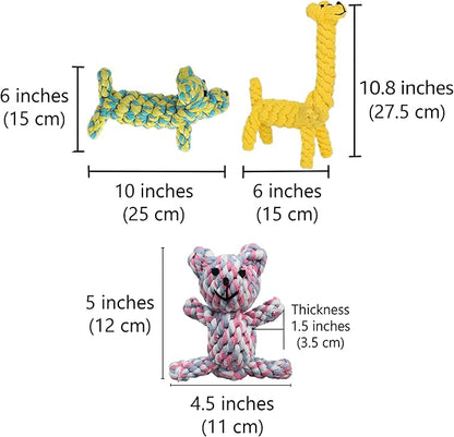 SunGrow Cotton Rope Knot Puppy & Ferret Toys, Tough Teething Chewable Teddy Bear, Giraffe, and Dog, Handwoven for Small Breeds Dog, for Teeth and Gums, Multicolor, 3 Pieces per Pack