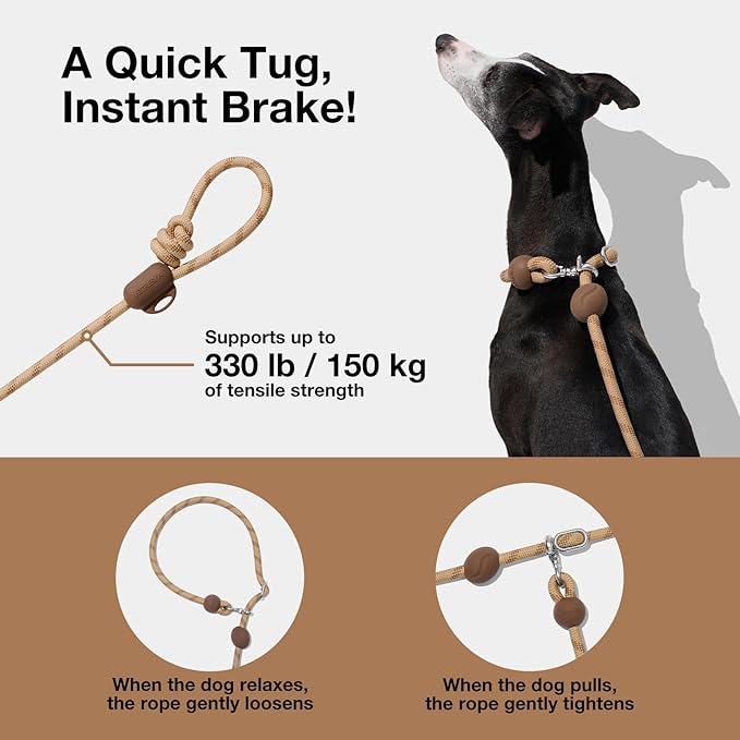 VETRESKA Hands-Free Dog Leash, 8FT Adjustable Rope Leash for Medium Large Dogs, Waist/Crossbody Slip Lead Leashes for Walking, No Pull Dog Leashes with Bag Dispenser, Clip, 3 in 1 Walk Kit (Coffee)