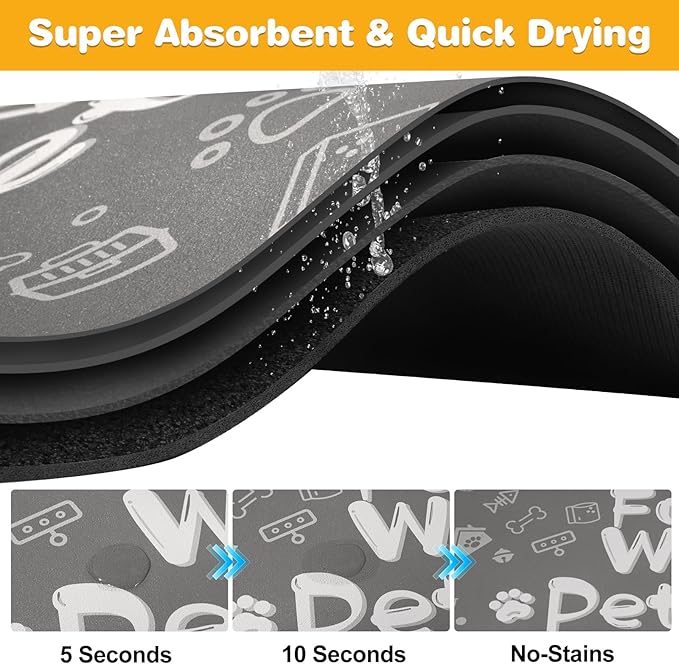 Pet Feeding Mat,Dog Cat Mat for Food and Water,Dog Bowl Waterproof Placemat with Rubber Backing,Absorbent Quick Dry Water Dispenser Mat for Pet（Dark Gray 12"×18"）