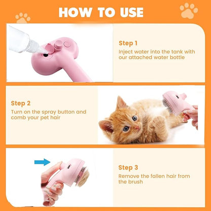 Cat Steam Brush for Shedding with Metal Comb,Deshedding Dog Brush for Long & Short Haired Dogs,Cat Hair Brush for Indoor Cats,Self Cleaning Double Hole Spray USB Rechargeable Grooming Supplies(Pink)