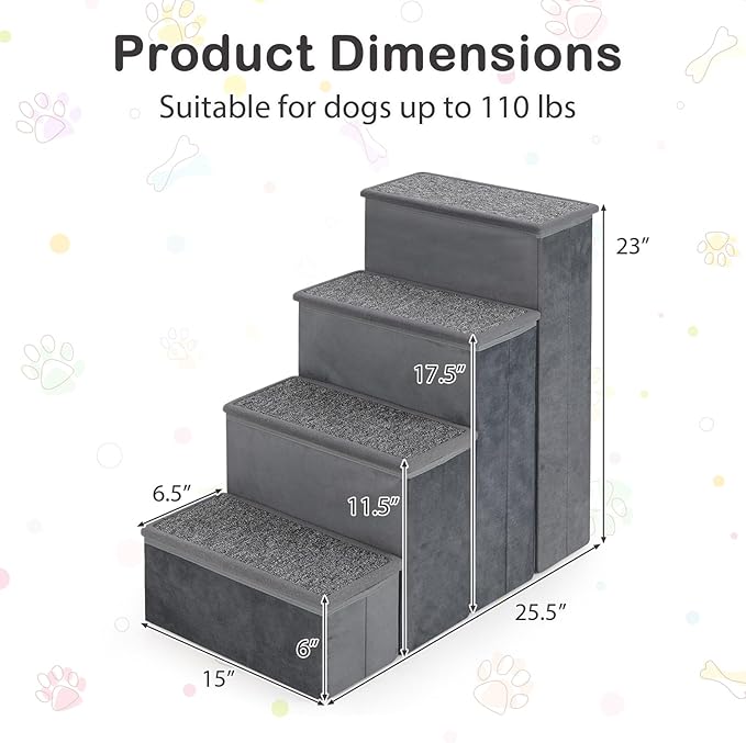 Giantex Dog Stairs with Storage - 23" H Folding 4-Step Pet Stairs for Small and Medium Dogs, Non-Slip & Soft Adjustable Dog Steps for High Beds Couch Sofa Window, Gray