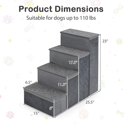 Giantex Dog Stairs with Storage - 23" H Folding 4-Step Pet Stairs for Small and Medium Dogs, Non-Slip & Soft Adjustable Dog Steps for High Beds Couch Sofa Window, Gray