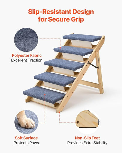 VEVOR Wood Pet Stairs, 5-Step Dog Stairs for Beds, Sofa & Cars, 150lbs Load Capacity, Floded Flat Design, Stable & Sturdy Cat & Dog Step Ladder for Small Medium Large Older Pet Puppy Essentials