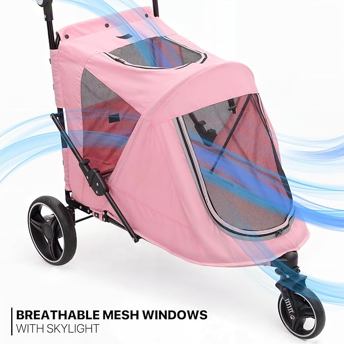 MoNiBloom Pet Stroller for Large Dogs or Multiple Dogs Cats with Adjustable Handle, 3-Wheels Dual Entry Portable Dog Carting Easy Folding Pet Wagon Double Dog Stroller up to 55 lbs, Pink