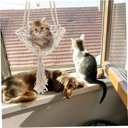 Hanging Cat Hammock Bed 40cm Wear-Resistant Bohemian Woven Pet Nest for Indoor Cats to 30 Lbs Decorative