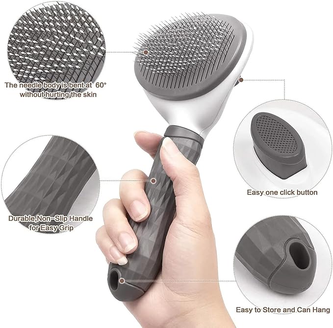 Dog & Cat Brush, Dog Brush for Shedding, Cat & Dog Grooming, Self Cleaning Slicker Brush for Pets, Grooming Brushes for Long Short Haired Dogs Cats, Deshedding Brush, Rake, Comb (Grey)