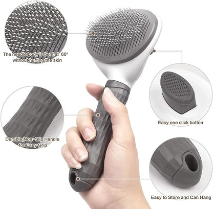 Dog & Cat Brush, Dog Brush for Shedding, Cat & Dog Grooming, Self Cleaning Slicker Brush for Pets, Grooming Brushes for Long Short Haired Dogs Cats, Deshedding Brush, Rake, Comb (Grey)