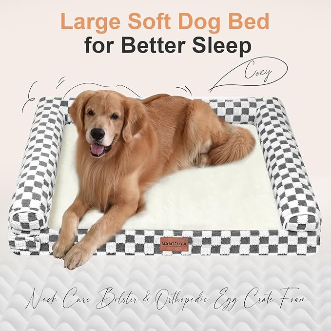 Large Dog Bed Orthopedic Washable: Beds Bolster XL Bed Big XLarge Dogs Egg Crate Foam Couch Sofa Waterproof with Removable Cover - Dark Grey Grid