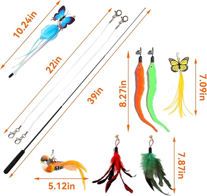 Cat Toy Set 11PCS: Interactive Bird Toys for Indoor Kittens & Cat Teaser Wand, 39" Fishing Pole + 18.5" Short Telescopic Wand, 2 Wires, 6 Feather & 1 Bird Toy – EVA Handles, Exercising, Playing