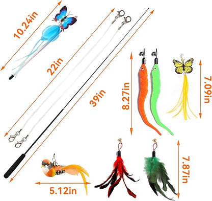 Cat Toy Set 11PCS: Interactive Bird Toys for Indoor Kittens & Cat Teaser Wand, 39" Fishing Pole + 18.5" Short Telescopic Wand, 2 Wires, 6 Feather & 1 Bird Toy – EVA Handles, Exercising, Playing