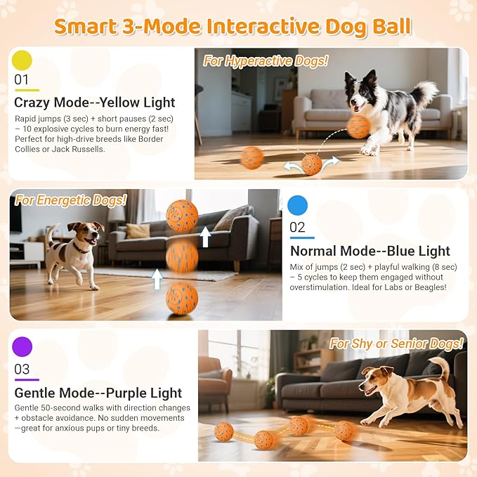 Self-Moving Dog Toy Ball for Small Medium Dogs, 6In Automatic Rolling Bouncing Vibrating Dog Ball, E-TPU Chew-Proof Waterproof, Anxiety Relief Boredom Buster for Indoor Outdoor, O18-Orange