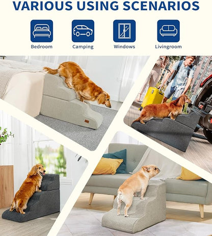 Dog Stairs for Small Dogs, 15.7" H Dog Steps for Bed 35D Strong Support Foam Stairs for High Bed or Couch Sofa Non-Slip Balanced Pet Steps Indoor, Grey
