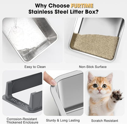 FURTIME Stainless Steel Cat Litter Box with Lid, Metal Kitty Litter Box for Small Cats, Kitten Litter Boxs with Scoop and Mat, Non-Sticky, Anti-Leakage, Easy to Clean, 17"x13"x8.4" (Small)