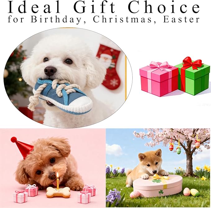 Interactive Squeaky Dog Toy with Jingle Bell - Shoe-Shaped Chew Toy for Puppy Teething, Thickened Laces for Small and Medium Breeds Tug-of-War, Not for Aggressive Chewers (Blue)